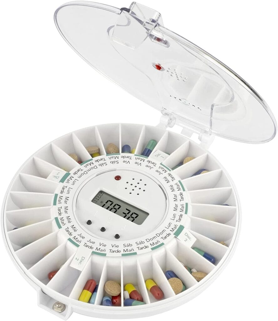 Dispensador de pastillas electrónico, hasta 6 alarmas al día.